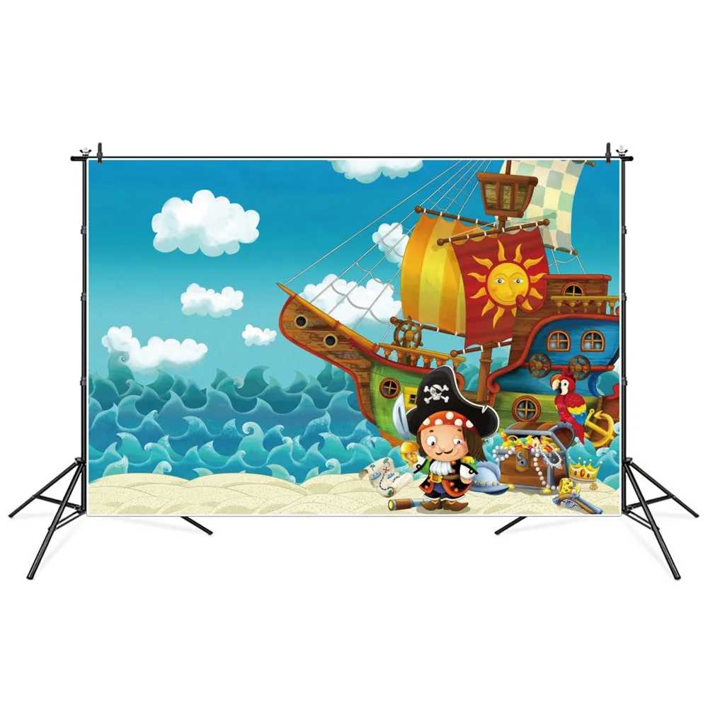 

Birthday Decoration Photography Backdrops Custom Children Pirate Ship Treasure Blue Ocean Beach Home Party Photocall Backgrounds