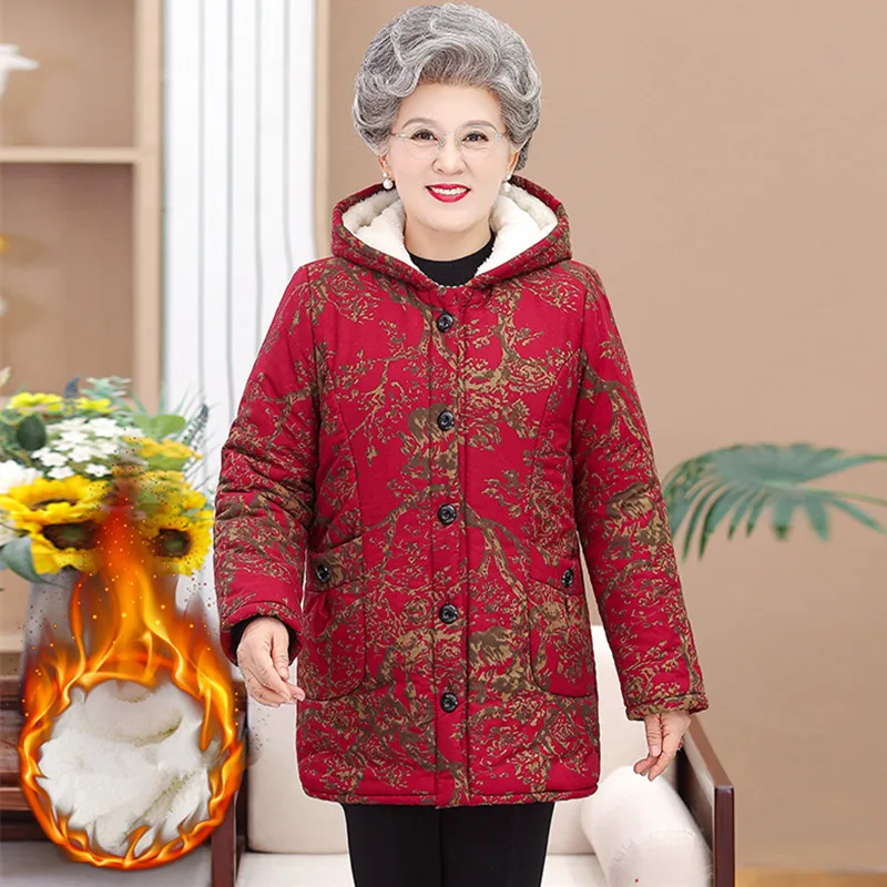 Enlarge Winter Grandma Cotton Padded Jacket Medium Length 60 To 80 Year Old Women Clothing Thick Velvet Warm Coat Mother Parkas XL-5XL