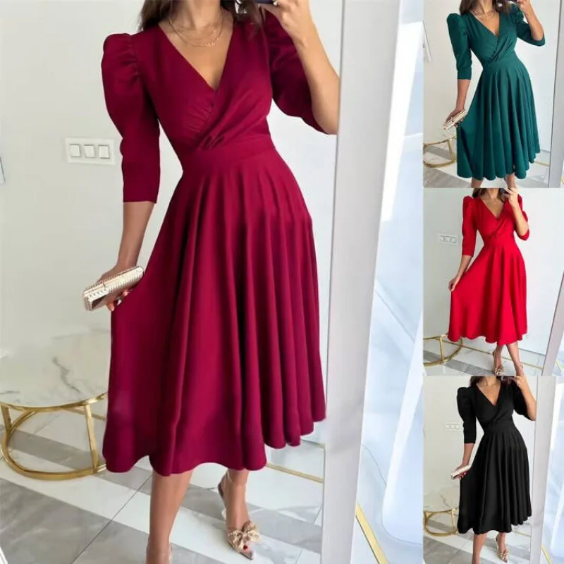 

High Quality European and American Style Women's Autumn Commuting Solid V-neck Waistband Bubble Sleeve Large Swing Dress