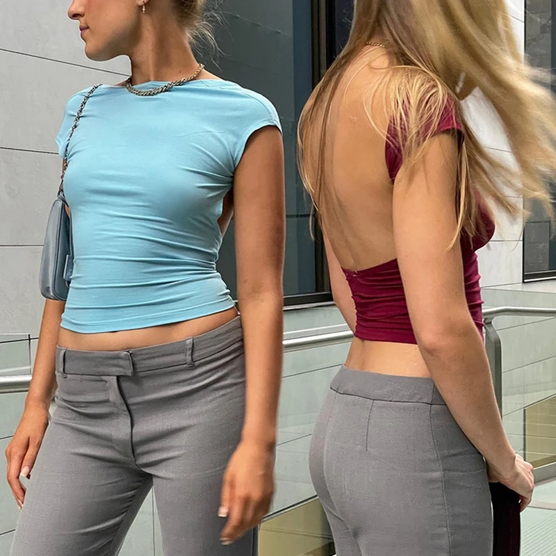 

Женский топ с коротким рукавом и открытой спиной, облегающая Базовая Однотонная футболка с вырезами, Однотонная футболка, укороченный топ, ...