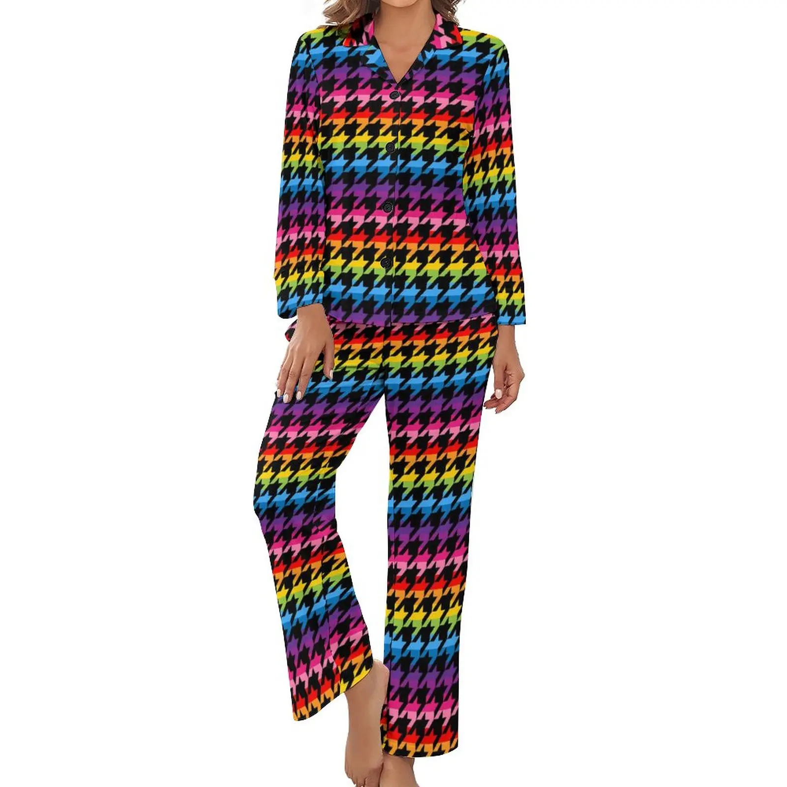 

Rainbow Houndstooth LGBTQ Pajamas Long Sleeves Retro Print 2 Pieces Leisure Pajama Sets Autumn Women V Neck Romantic Home Suit