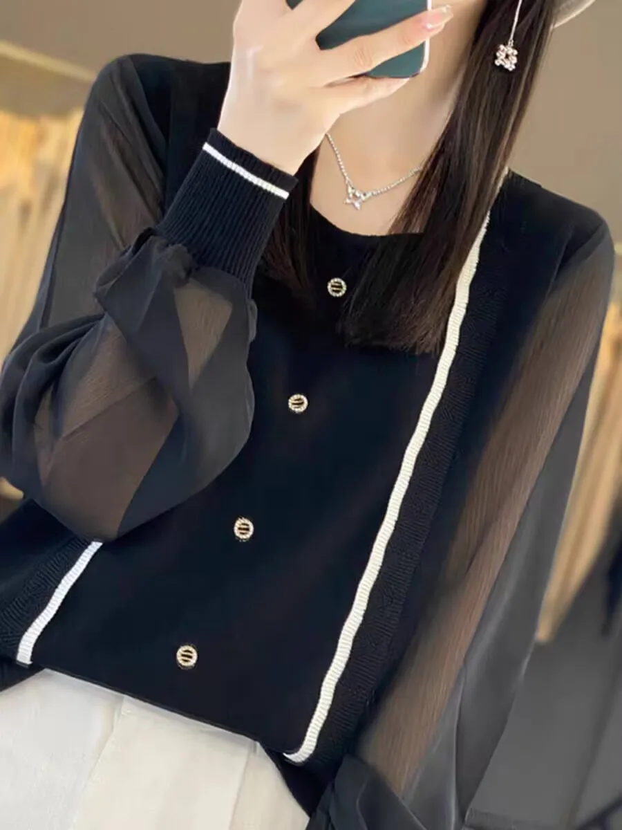 Женский шифоновый пуловер Свободный с круглым вырезом и рукавами-фонариками на