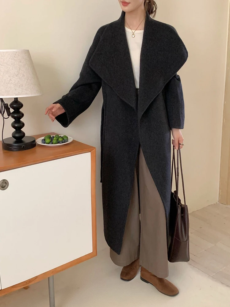 LGRQ женское минималистичное шерстяное пальто с лацканами и открытой строчкой