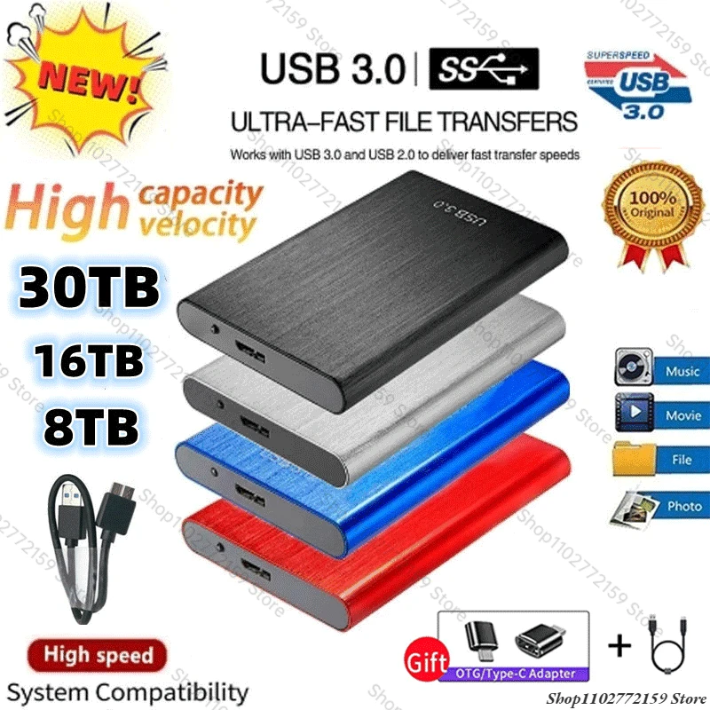 

External Hard Drive 32TB Portable SSD Hard Disk USB3.1 8TB High Speed Mobile Solid State Hard Drive for Laptop Notebook Storage