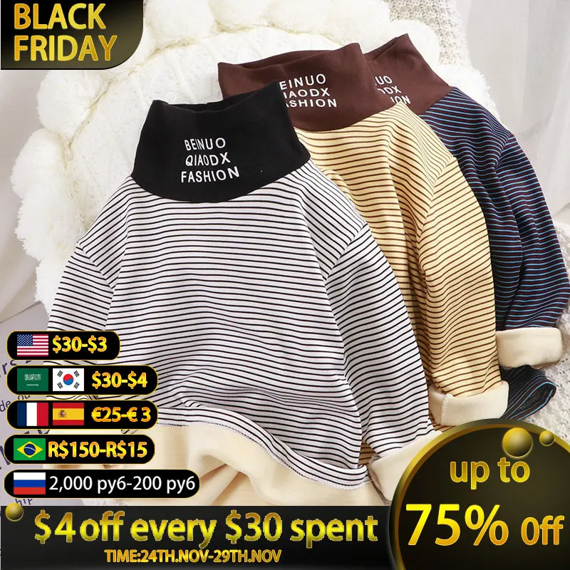 

Children's Striped Bottoming Shirt Boys Fleece Thermal Underwear Girls Top Stretch Baby Turtleneck Pullover Sweater