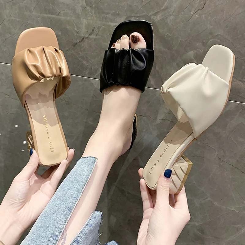 

Shoes Med Slippers Women Summer Heeled Mules Pantofle Square heel Slides Fashion High 2022 Block Luxury Rome PU Rubber Hoof