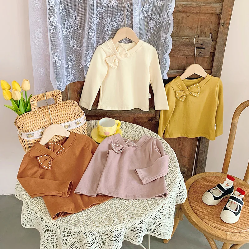 Freely Move 2022 Autumn Baby Toddler Children Clothing Princess Girls Bowknot Pearl Long Sleeve Girl Cotton Shirt Kids Tops
