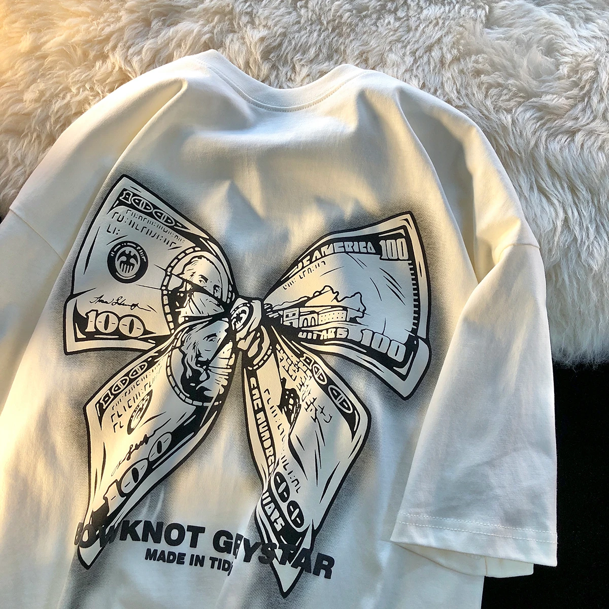 

Women's Top Cartoon Short-sleeved T-shirt Women's Summer Three-dimensional Dollars Bow Decoration New Round Neck Top Loose