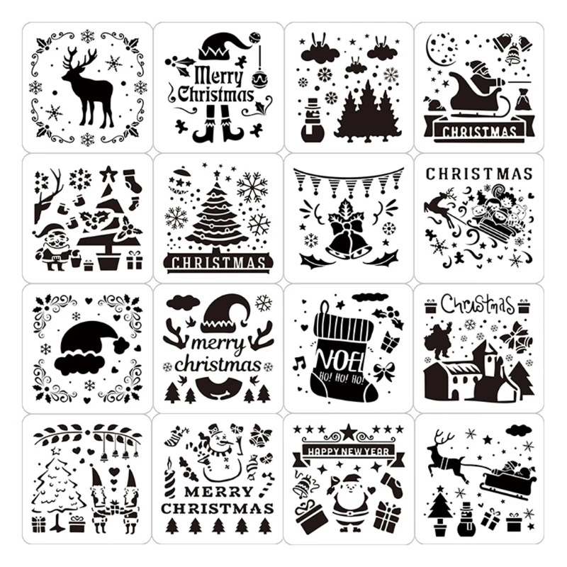 

16PCS Classic Christmas Style Painting Stencil Kit 5''x5'' Student DIY Drawing Templates Christmas Decoration Supplies