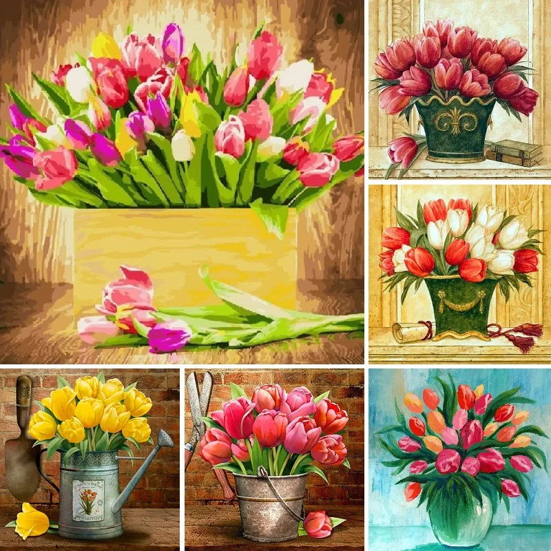 

Diamond Painting Flowers Tulips In Bucket Diamond Painting Full Drill Landscape Picture of Rhinestone Mosaic Fluers Decor Art