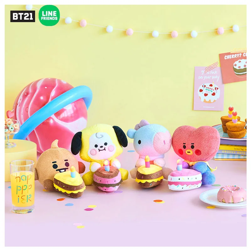 

Line Friends Cute Cartoon Bt21 Birthday Cake Plush Dolls Kawaii Anime Stuffed Plushie Toys with Lights Childrens Birthday Gift