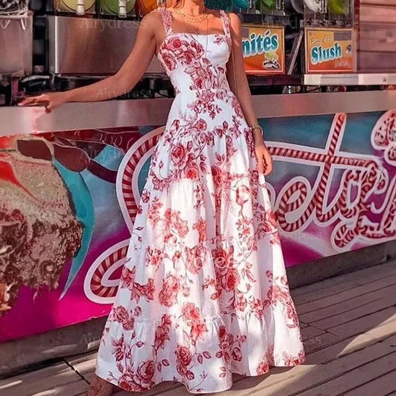 

Summer Women Print Suspender Dress Female Elegant V-neck Sleeveless Ruffle Dresses 2023 Fashion Lady Chic Beach Long Dress