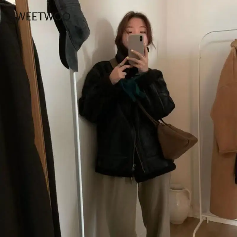 Women Faux Leather Fur Coats Sheep Leather Shearling Thicken Jacket Lady Fashion Long Sleeve Zipped Outerwear Winter Warm Coat