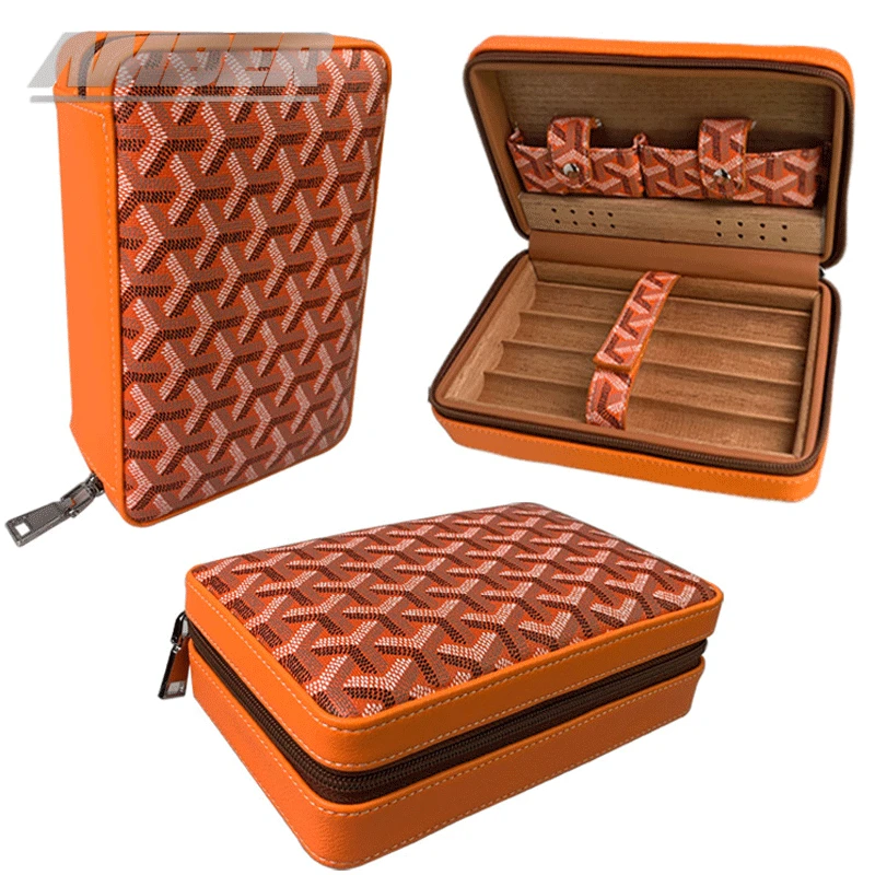 

For Travel Cedar Wood Cigar Humidor Box 4 Cigars Box Humidor Humidifier Smoking Accessories Gift PU Leather Cigar Case Storage