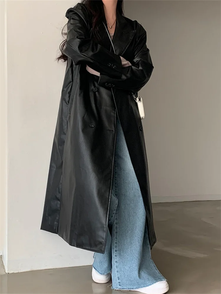 Женская модная шикарная черная длинная куртка из искусственной кожи женские