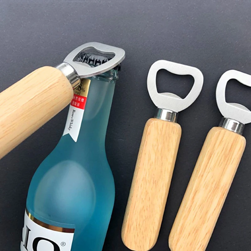 

1pcs Kitchen Supplies Modern Rubber Wood Wooden Handle Bottle Opener Kits For Wine Handheld Tool