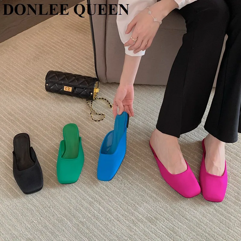 

Candy Color Mule Shoes Women Flat Slippers Square Toe Slip On Slides Outdoor Flip Flops Green Sandals 2022 New Zapatillas Mujer