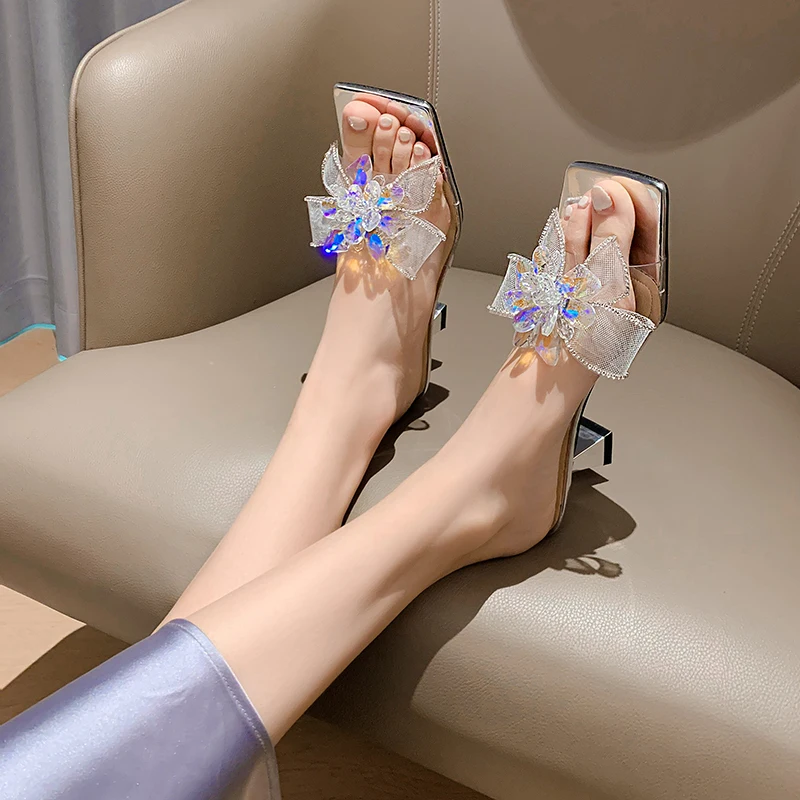 

2022 Summer New Women's Slippers Fashion All-match Square Toe Tapered Heel Crystal Bow High Heels Mules Women's Slippers Size 39
