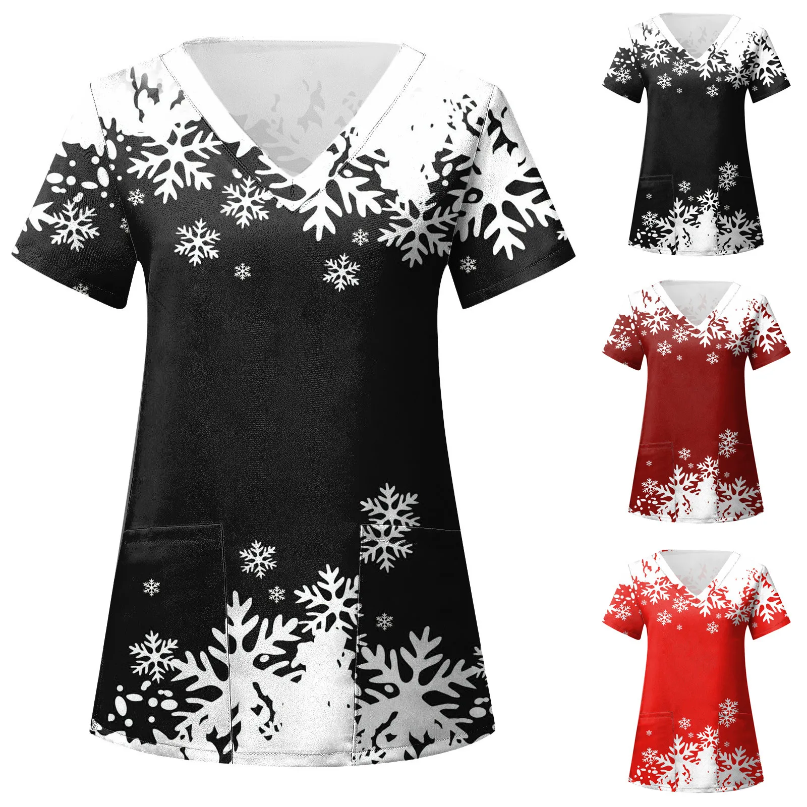 

2023 New Year Scrub Tops Women'S Ladies Casual Christmas Print Short Sleeve Pocket Loose Caring Workwear Clinic Beauty Uniform