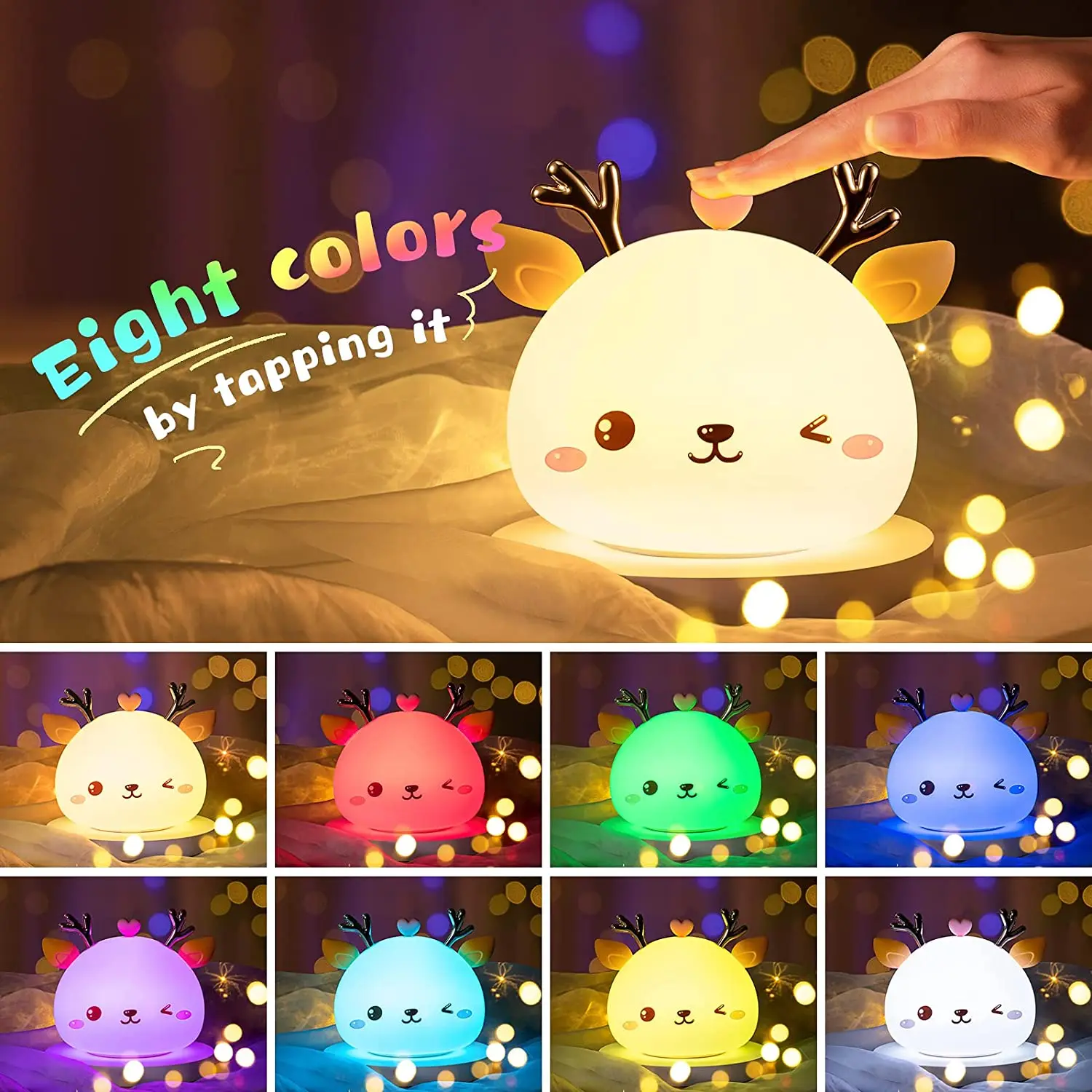 Colorful Cute Silicone Deer Pat Light USB Charging Nightlights Touch Sensor Children's Room Bedroom Atmosphere Lamp for Gifts