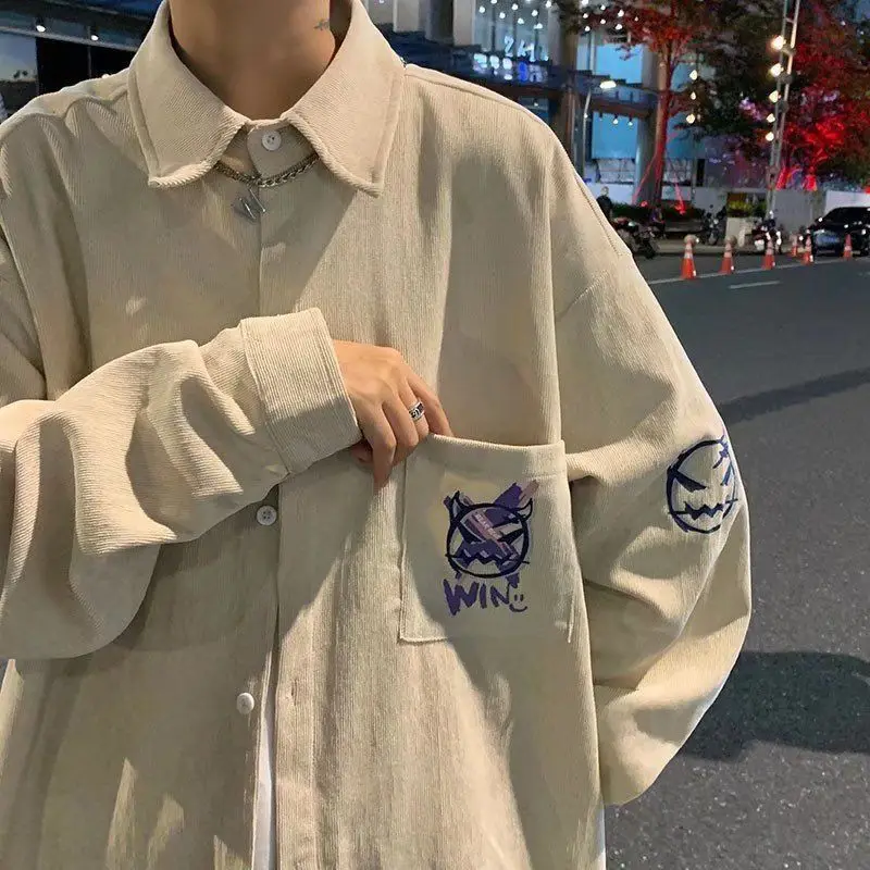 2023 Вельветовая рубашка для мужчин и женщин в гонконгском стиле блузка с принтом дьявола осень-зима рубашка с длинным рукавом свободный красивый топ