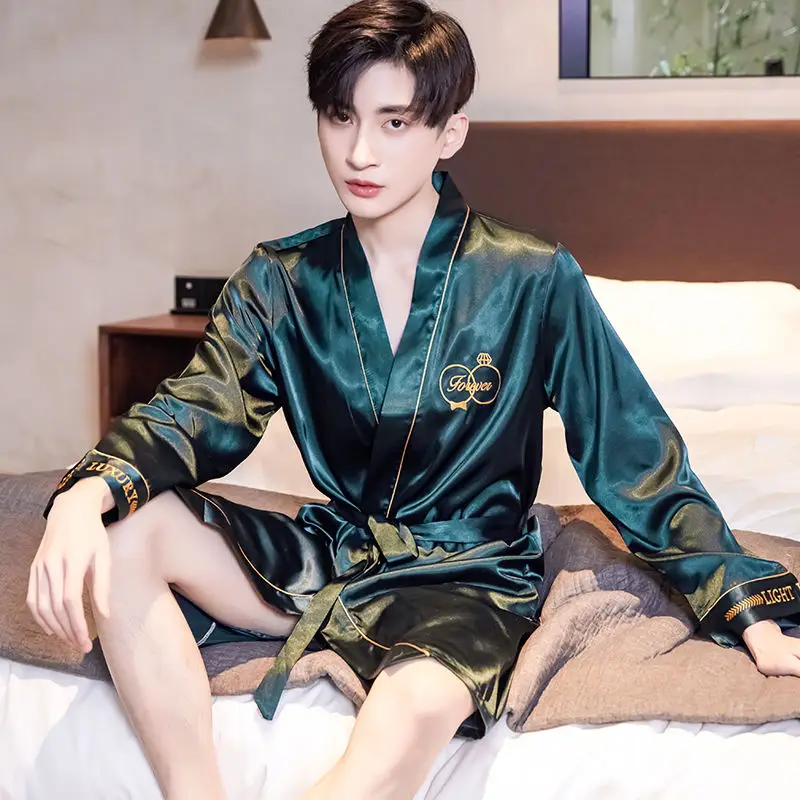 Summer pajama nightshirt long-sleeved silk embroidery thin ice silk big yards household to take in the spring and autumn