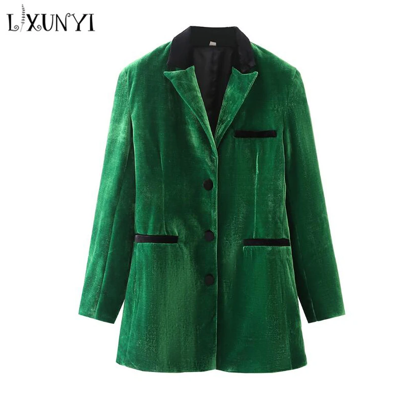 LXUNYI High Quality Green Long Blazer Woman Long Sleeve Elegant Fashion Single Breasted Formal Slim Velvet Blazers Casual Coat