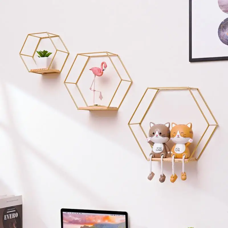 Nordic Wall Mounted Floating Hexagon Shelf Metal Framed Storage Holder Rack With Wooden Board Geometric Frame Stand Home Decor