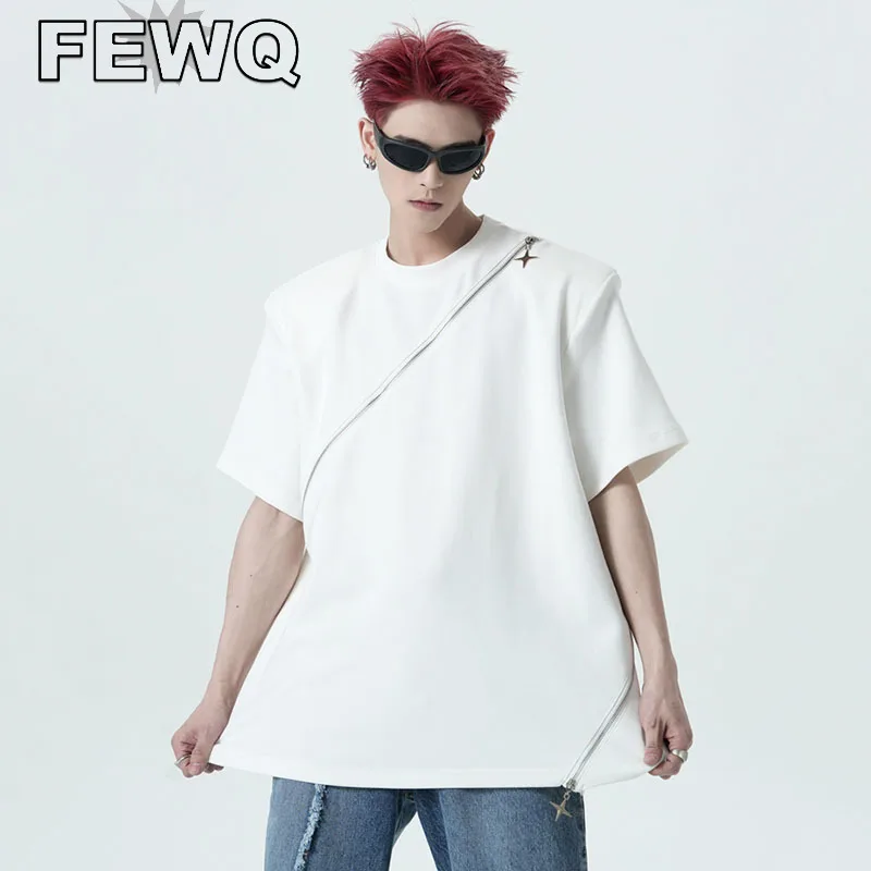 

FEWQ Deconstruction Men's Short Sleeve Spliced Zipper T-shirts Male Shoulder Pad Tee Casual 2023 High Street Summer Tops 24B3316