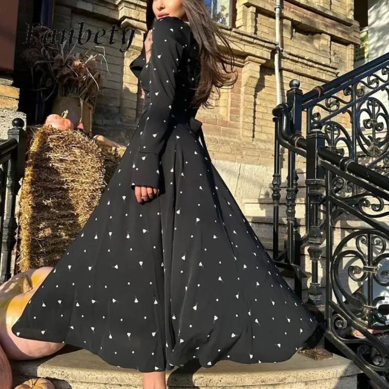 

Elegant Long Sleeve Spring A-Line Party Vestidos Women O-Neck Small Floral Printed Dress Lady Slim Back Lace-Up Bow Maxi Dresses