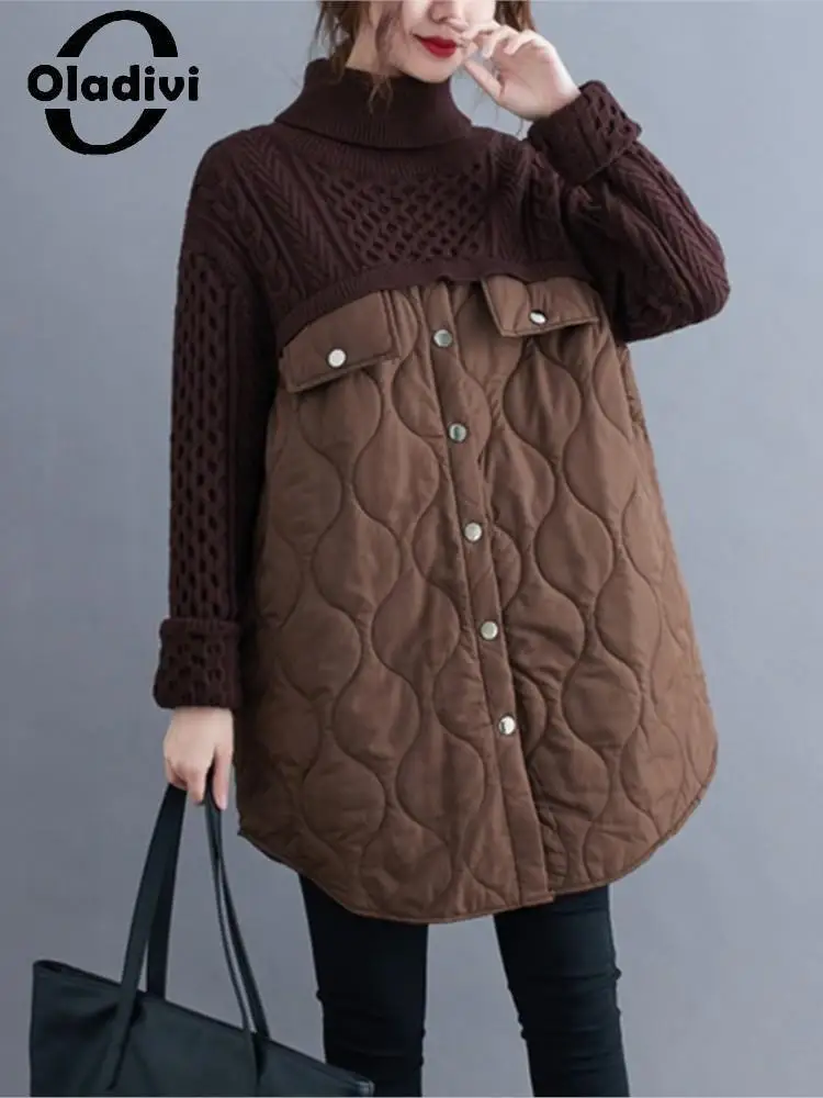 

Oladivi Large Size Women Knitted Patchwork Cotton Padded Jackets 2022 Autumn Winter Oversized Coats Casual Loose Outerwears 9941