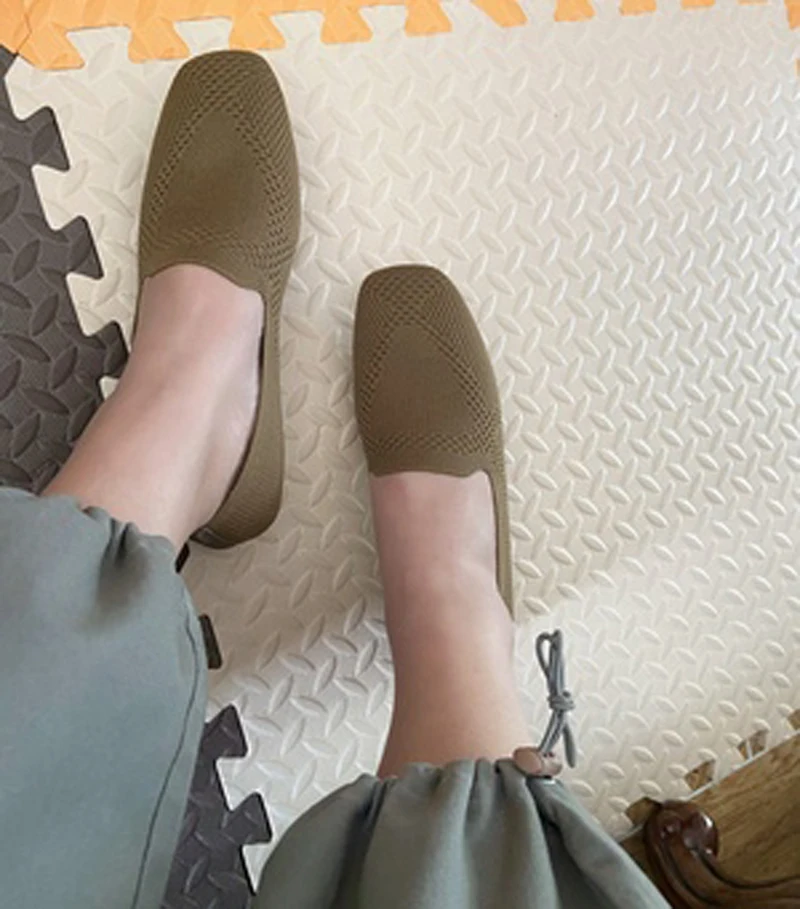 2022Spring New Mesh Ballet Flats Women's Square Toe Daily Loafers Breathable Flats Comfortable Stretch Cloth Sneakers Boat Shoes