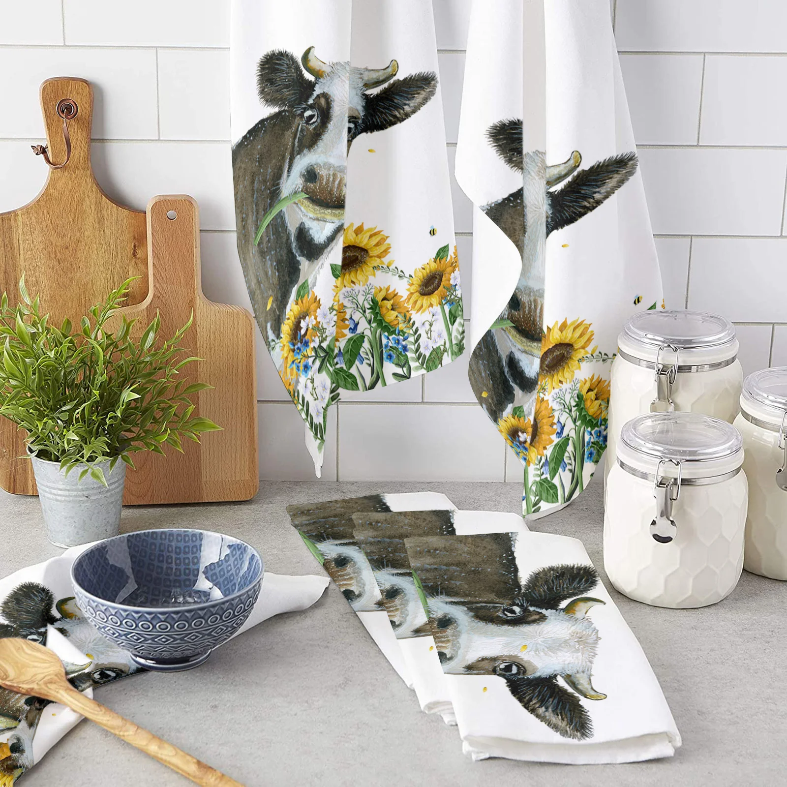 

Country Style Sunflower Cow Kitchen Towel Microfiber Rags Cleaning Cloth Home Washing Dish Cleaning Tools