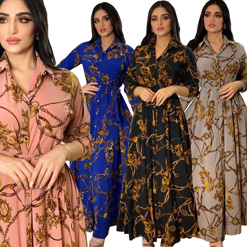 Elegant Printing Party Muslim Dress Abayas for Women Dubai 2023 Autumn Casual Arabic Gowns Middle East Robe Jalabia