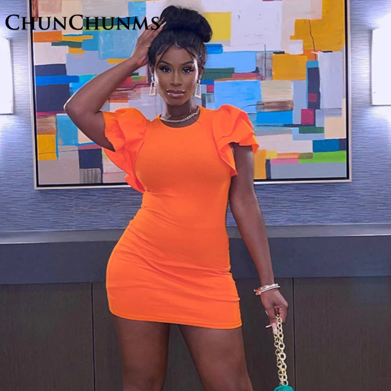 

2022 Fashion Ruffle Sleeve Bodycon Dress Women Summer Sexy Elegant Short Robes Evening Outfits Fall Vestidos Female Mini Dresses