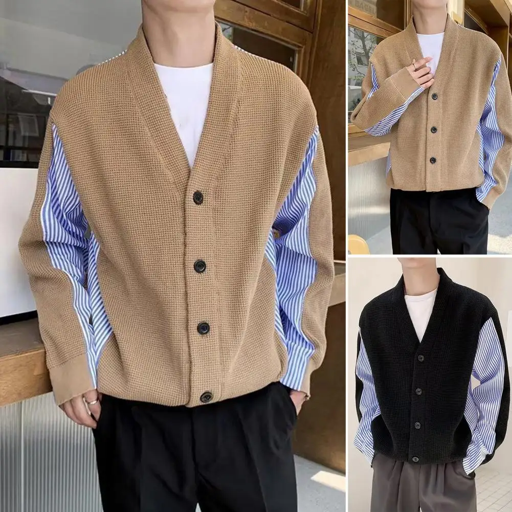 

Men Cardigan Sweater V-neck Stripe Splicing Single-breasted Outwear Warm Autumn Winter Male Knitwear Jacket suéteres 스웨터 가디건