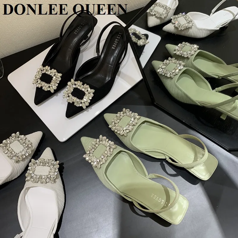 Модные стразы сандалии с ремешком на пятке туфли-лодочки низком каблуке женские