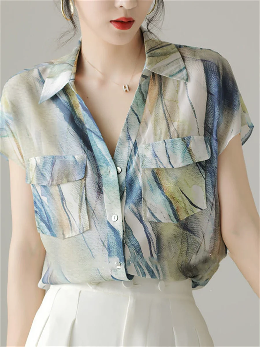 

Женская летняя блуза с коротким рукавом и отложным воротником, модель SP1546