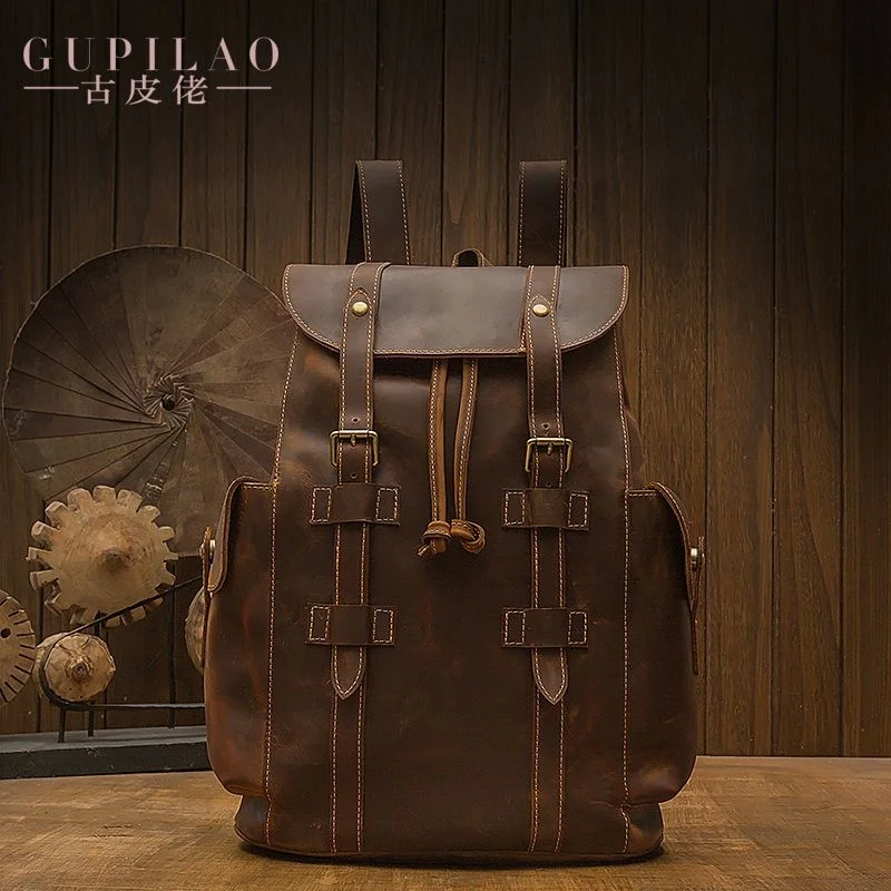 

handmade 100% genuine Original retro crazy horse men's casual top layer cowhide backpack women's leather travel computer bag