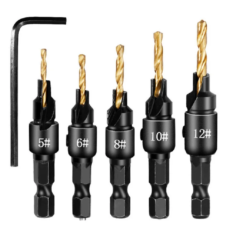

5pcs/set Hex Shank Drill Bit Set High Carbon Steel Screw Thread Titanium Plated Hex Shank Drill Bits Woodworking Tool 5# 8# 10#