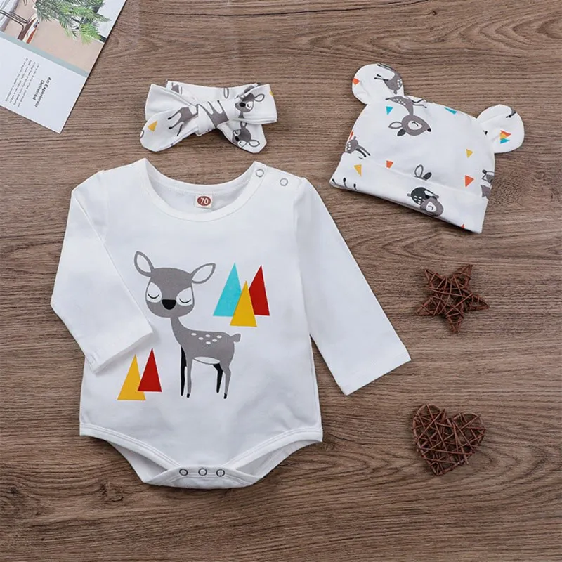 

Adorable Spring Deer Print Baby Set: Long-Sleeved Bodysuit, Hat, and Headband - Perfect for Boys and Girls Ages 3-24 Months!