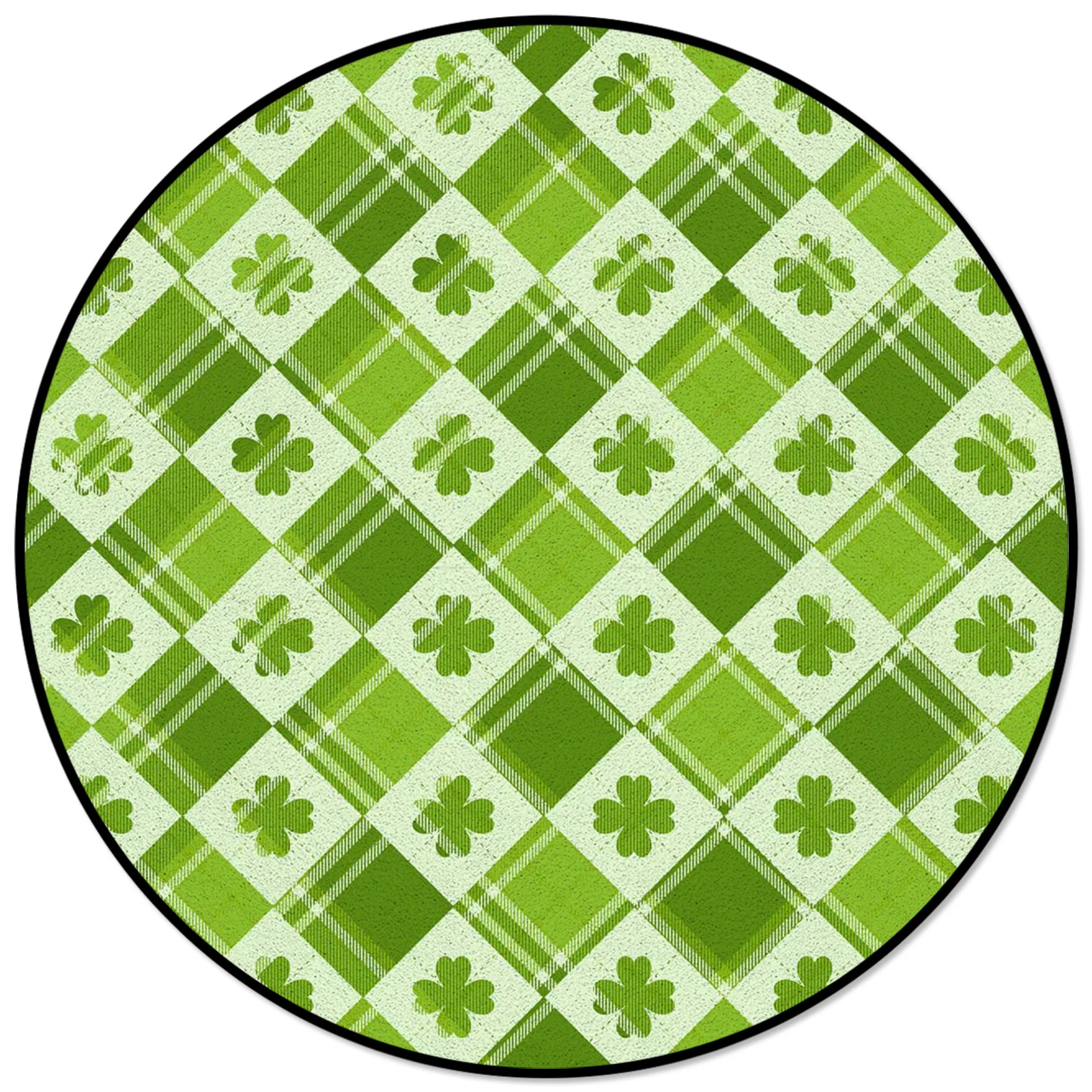 

St Patrick'S Day Plaid Four-Leaf Clover Round Carpet for Bedroom Home Decoration Rug for Living Room Bathroom Mat Circle Rug