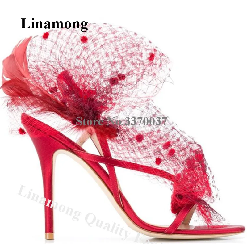 

Босоножки женские сетчатые с мехом, очаровательные туфли с тонким ремешком, кружевом, перьями, на шпильке, свадебная обувь, вечерние туфли на высоком каблуке, красные черные