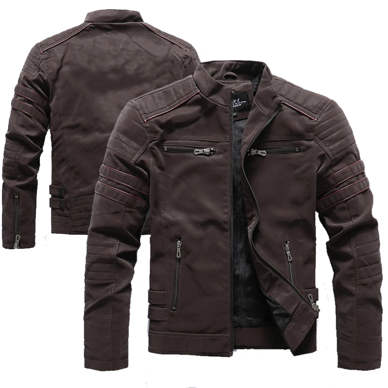 

Winter Motorcycle PU Leather Jacket Men 2023 Vintage Fleece Warm Multi-pocket Leather Coat Male Zipper Autumn Outwear Jackets