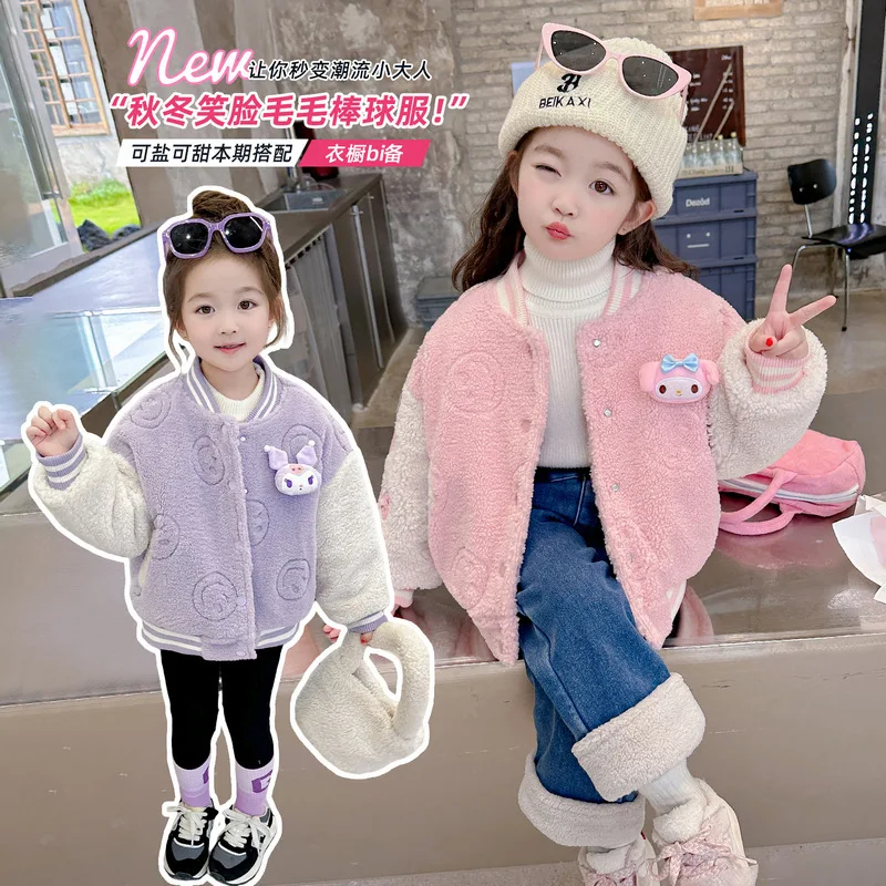 

Зимняя Милая одежда Sanrio Kuromi My Melody, бейсбольная плюшевая куртка, мультяшная Милая утепленная теплая зимняя одежда для девочек, розовая, фиолетовая