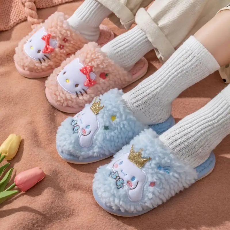 

Sanrios Cartoon Kawaii Hello Kittys Cinnamoroll My Melody Cotton Mop Non-Slip Warm Cute Home Parent and Child Plush Slippers