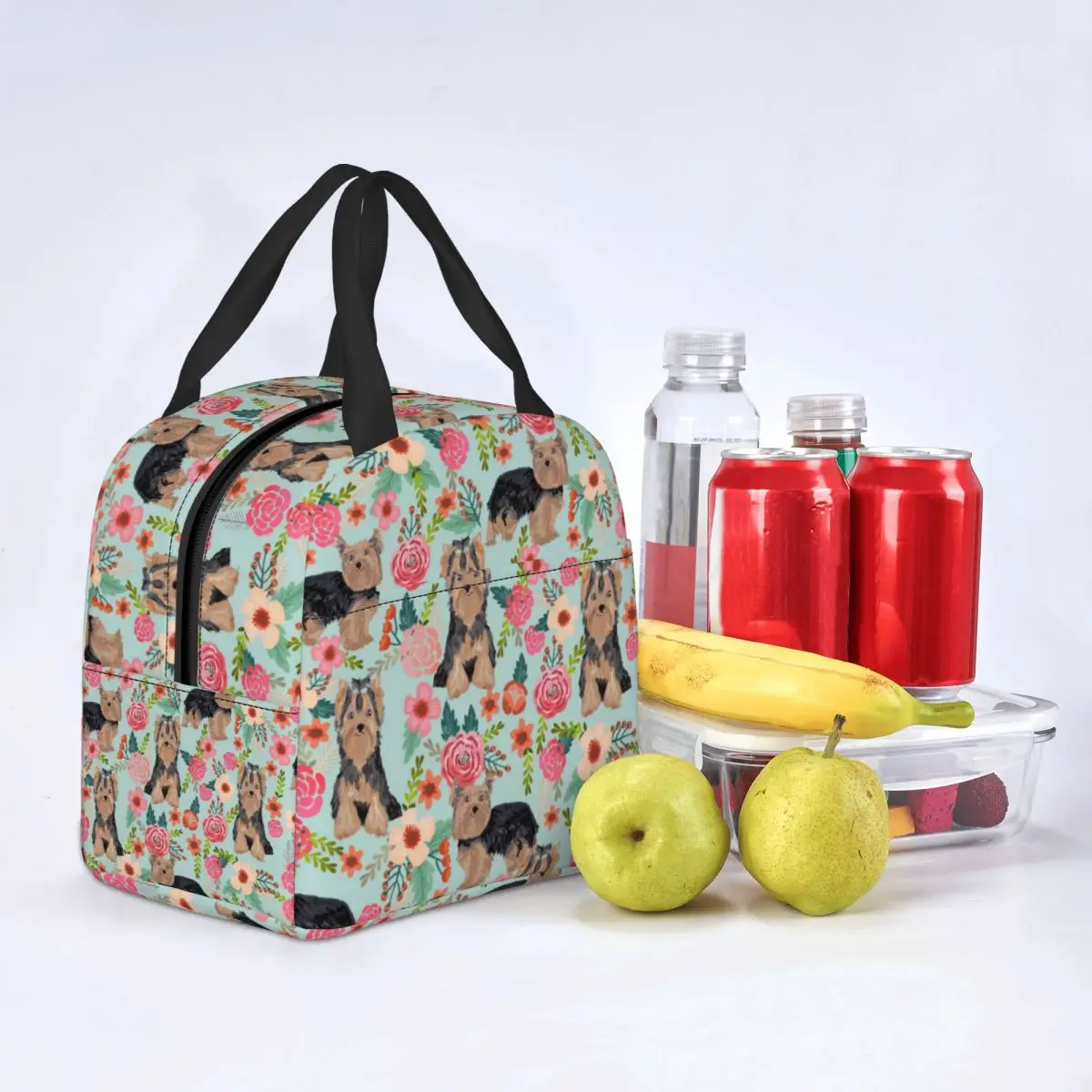 Lunch Bags for Men Women Yorkshire Terrier Dog Vintage Florals Thermal Cooler Bag Portable Picnic Animal Oxford Tote Food Bag