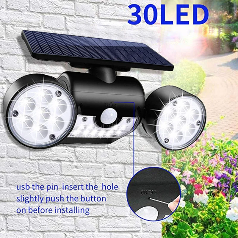 Solar light 30Led Human body sensing Courtyard landscape road Double head rotating Wall lamp Outdoor garage intersection