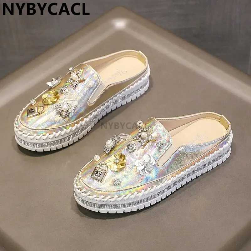 Diamonds Pearl Women Slippers Flowers Lock Crystals Rhinestone Slides Bling leather Round Toe Slip-on Platform Fashion New Shoes