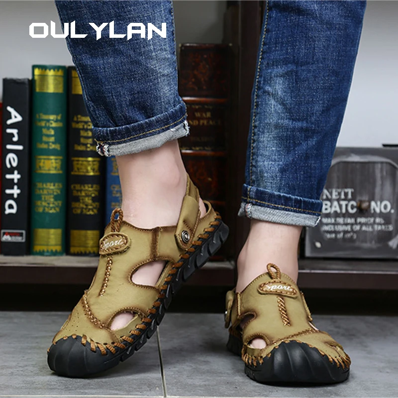 Летние мужские повседневные кожаные пляжные сандалии модные брендовые шлепанцы